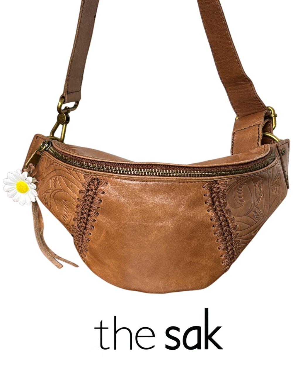 The SAK TAN LEATHER BELT BAG/ CROSSBODY WITH EMBROIDERED ACCENTS & DAISY CHARM - Picture 16 of 16